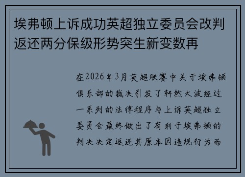 埃弗顿上诉成功英超独立委员会改判返还两分保级形势突生新变数再 埃弗顿上诉成功英超独立委员会改判返还两分保级形势突生新变数再